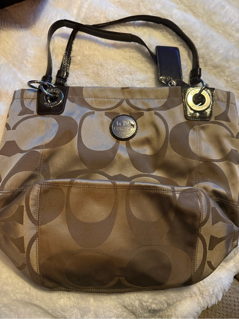 Coach Tan & Dark Brown Signature Tote with Leather Accents